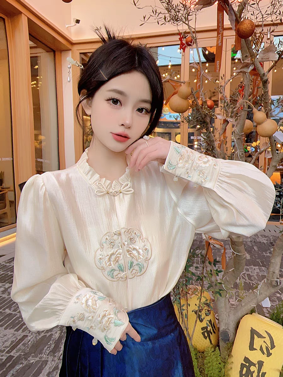 2024年春季襯衫甜美淑女荷葉領長袖藝術繪畫植物花卉春秋燈籠袖