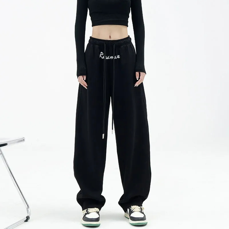辣妹刺繡衛褲寬鬆直筒闊腿褲街頭hiphop休閒褲褲子潮