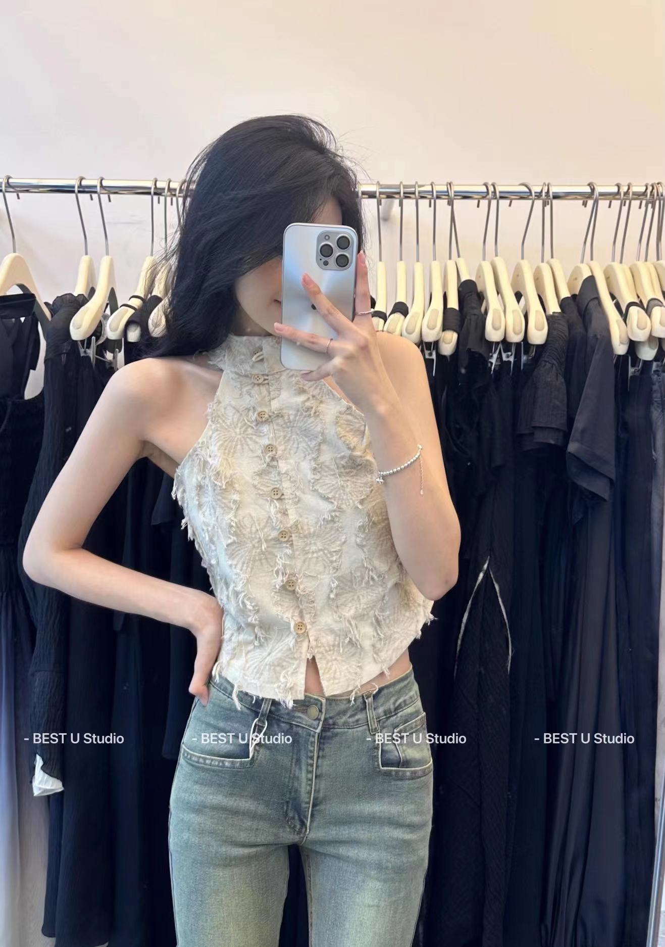 復古做舊流蘇掛脖背心女夏辣妹設計感小小眾無袖短款上衣