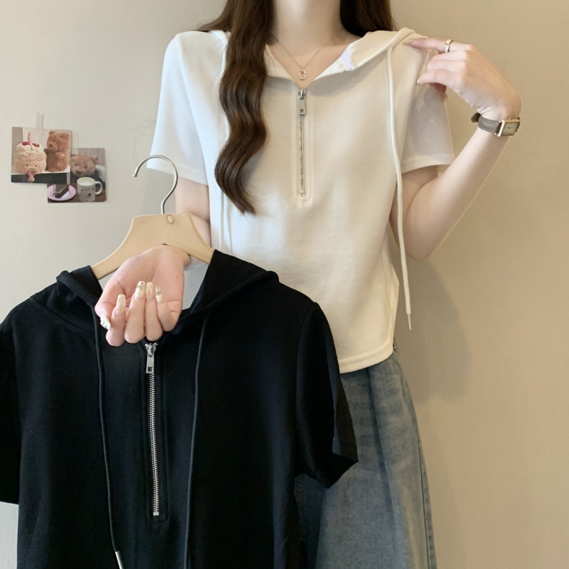 838#實拍  純滌面料 2024夏裝連帽拉鏈短袖T恤女小眾