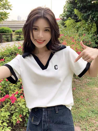 Official picture of contrasting color lapel letter embroidered short-sleeved 2024 summer new style slim Polo shirt top trendy