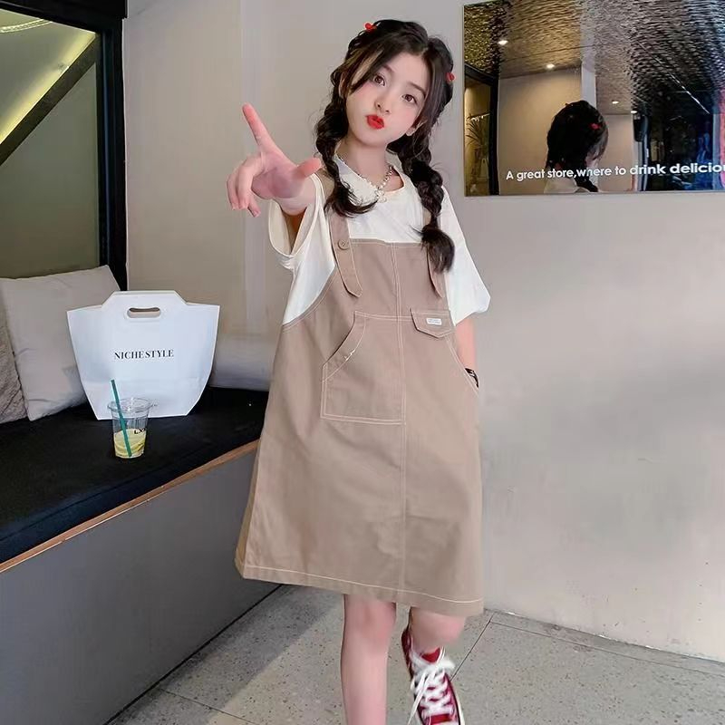 女童夏裝連衣裙2024新款兒童洋氣夏天背帶裙女大童夏季假兩件裙子