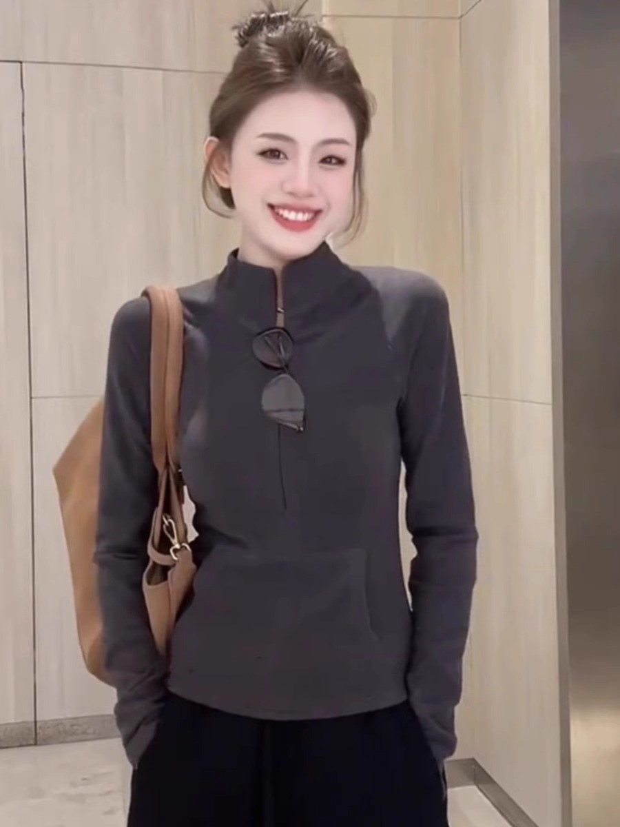 280克德絨 半拉鏈打底衫女秋冬設計感加厚磨毛保暖內搭t恤潮