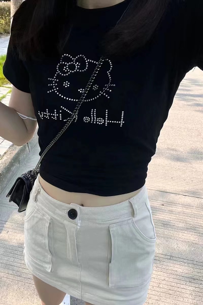 美式甜辣風正肩短袖t恤女夏季ins設計感小眾獨特别致辣妹短款上衣