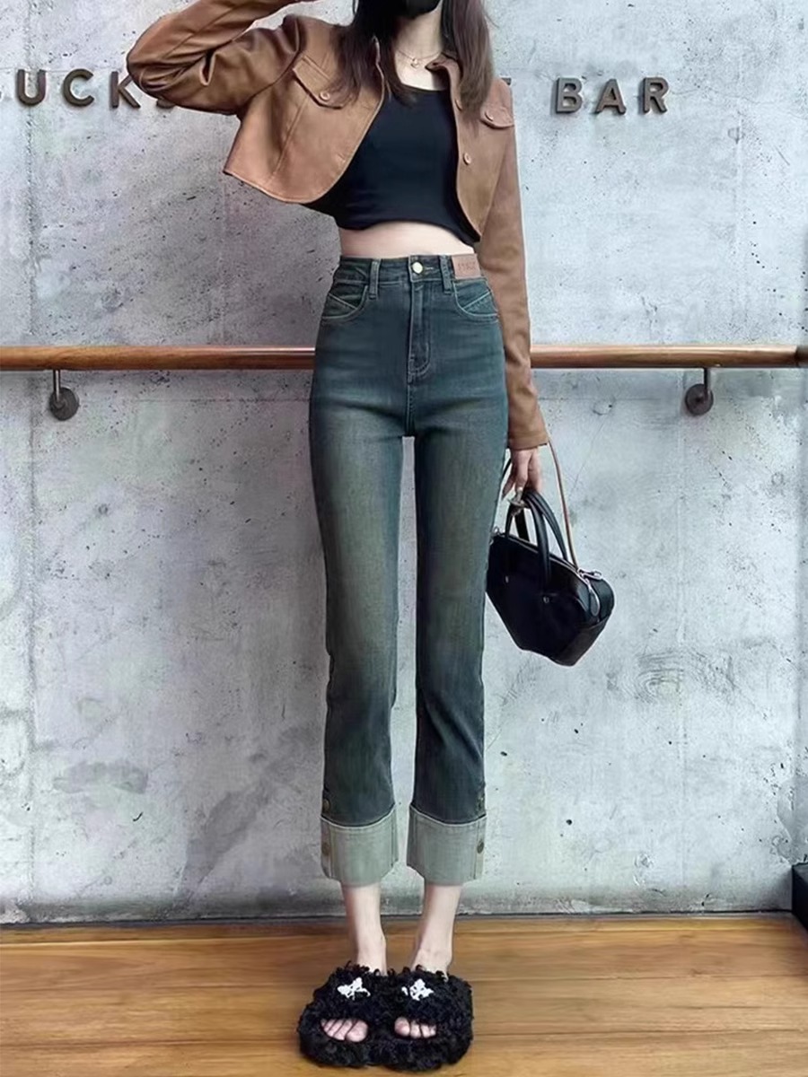 大碼黑色彈力牛仔褲女2024春秋胖mm修身顯瘦高腰九分直筒煙管褲子