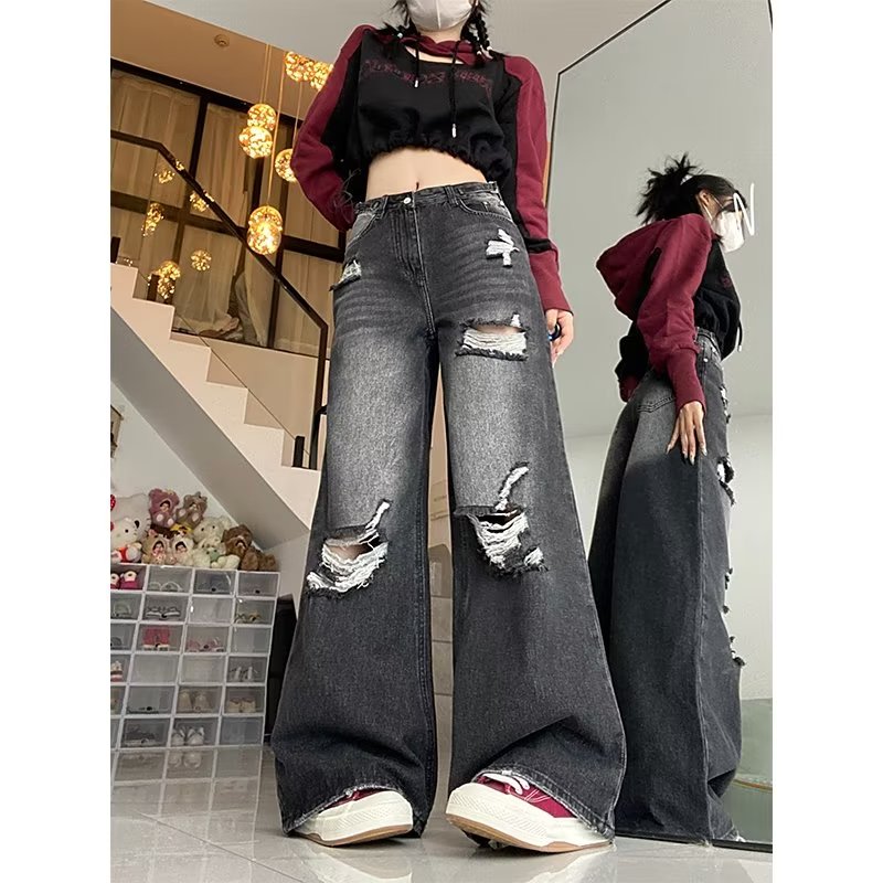 大碼美式高街破洞牛仔褲女寬鬆百搭拖地長褲小眾直筒闊腿做舊褲子
