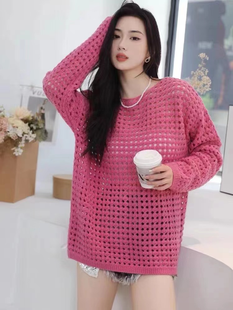 White hollow sweater women's 2024 new niche loose casual lazy style long-sleeved top
