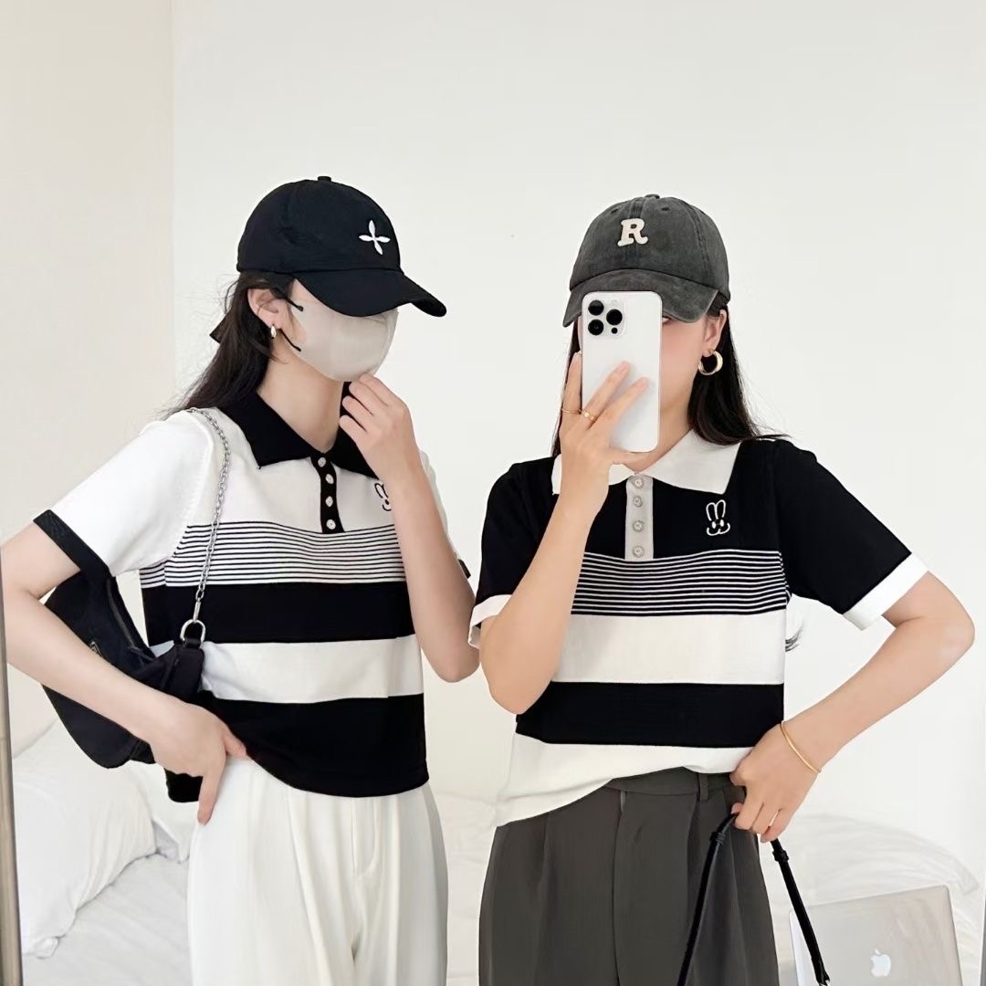 New retro polo lapel contrast striped short-sleeved sweater summer new design 2024 ice silk