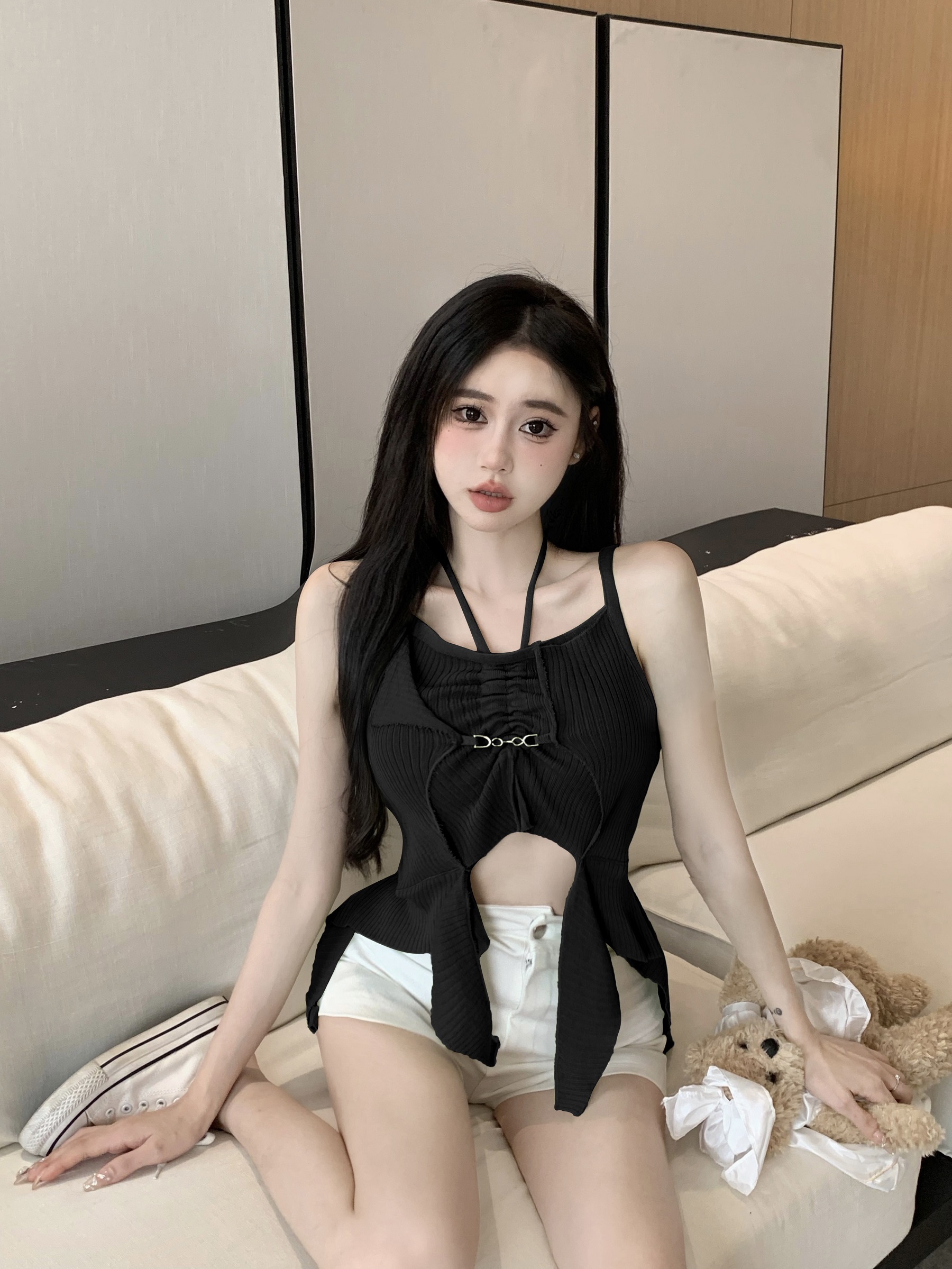 螺紋 不規則設計感掛脖針織吊帶背心女性感露臍辣妹短款無袖上衣