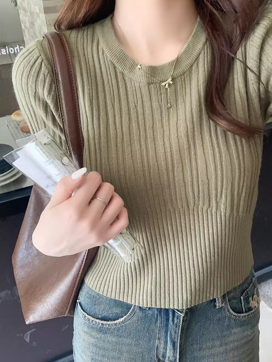 坑條圓領短袖t恤女2024早春季新款洋氣內搭短款收腰顯瘦針織上衣