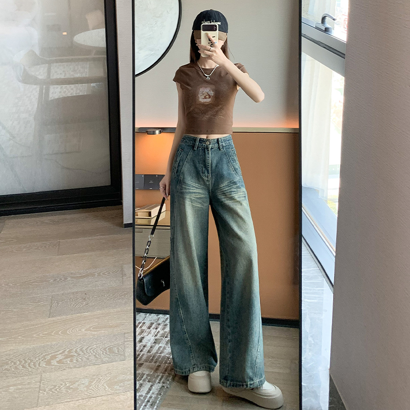 實拍~2024春夏新款韓版牛仔褲女高腰寬鬆顯瘦復古藍闊腿直筒長褲