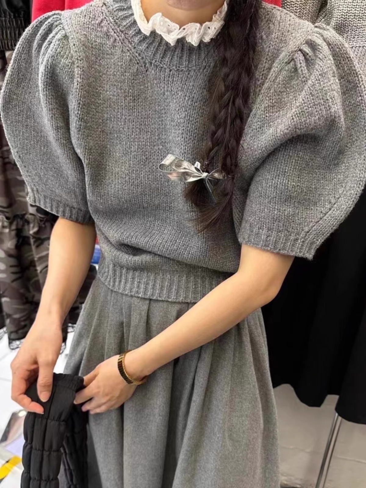 蕾絲邊半高領針織衫女設計感小眾秋冬泡泡袖純欲上衣內搭短袖毛衣