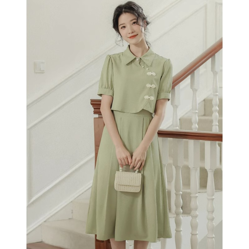 新中式少女學院風學生禮服旗袍假兩件復古國風氣質連衣裙夏季新款