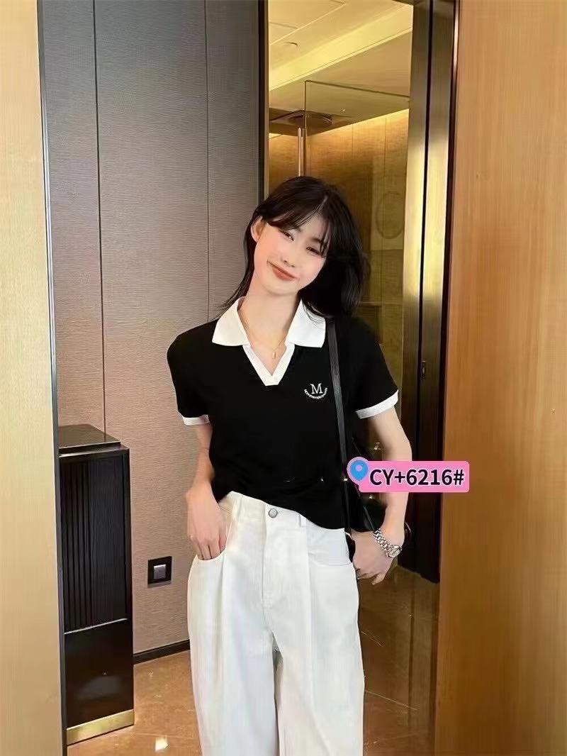 撞色翻領字母刺繡短袖T恤女2024夏裝新款修身Polo小衫T恤