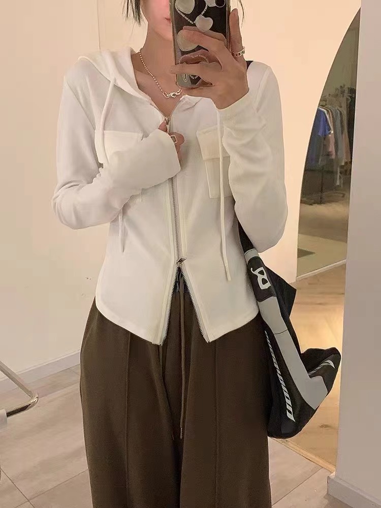 春季2024年新款修身顯瘦拉鏈長袖T恤韓版短款百搭開衫外套女上衣
