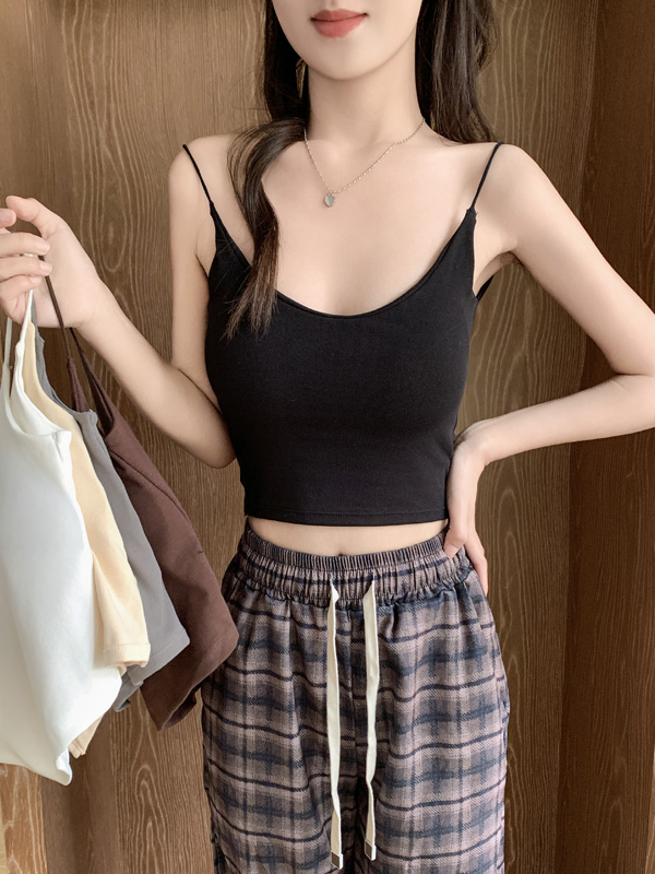 實拍 春季新款U領顯瘦含胸墊美背內搭吊帶修身無袖上衣吊帶