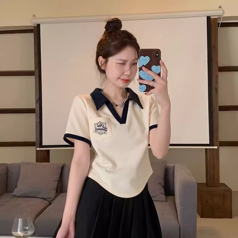 美式復古正肩polo衫短袖t恤女夏寬鬆設計感小眾別致短款辣妹上衣