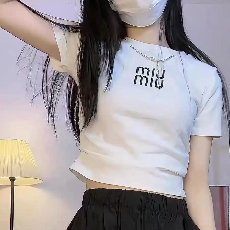 2024夏季新款韓版修身顯瘦鏈條圓領短袖女刺繡字母百搭時尚上衣潮
