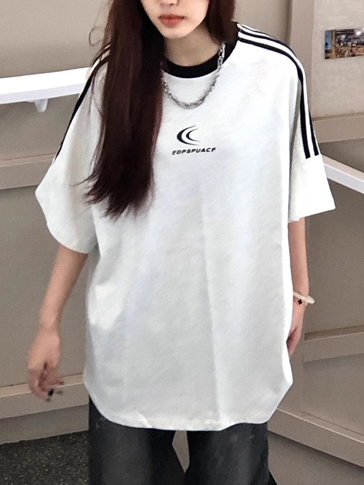 國潮牌撞色三條槓短袖t恤女夏季設計感小眾純棉寬鬆慵懶圓領上衣