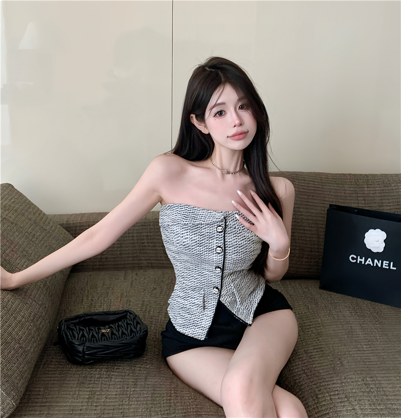 實拍 小香風抹胸上衣女夏修身收腰顯瘦純欲風辣妹上衣