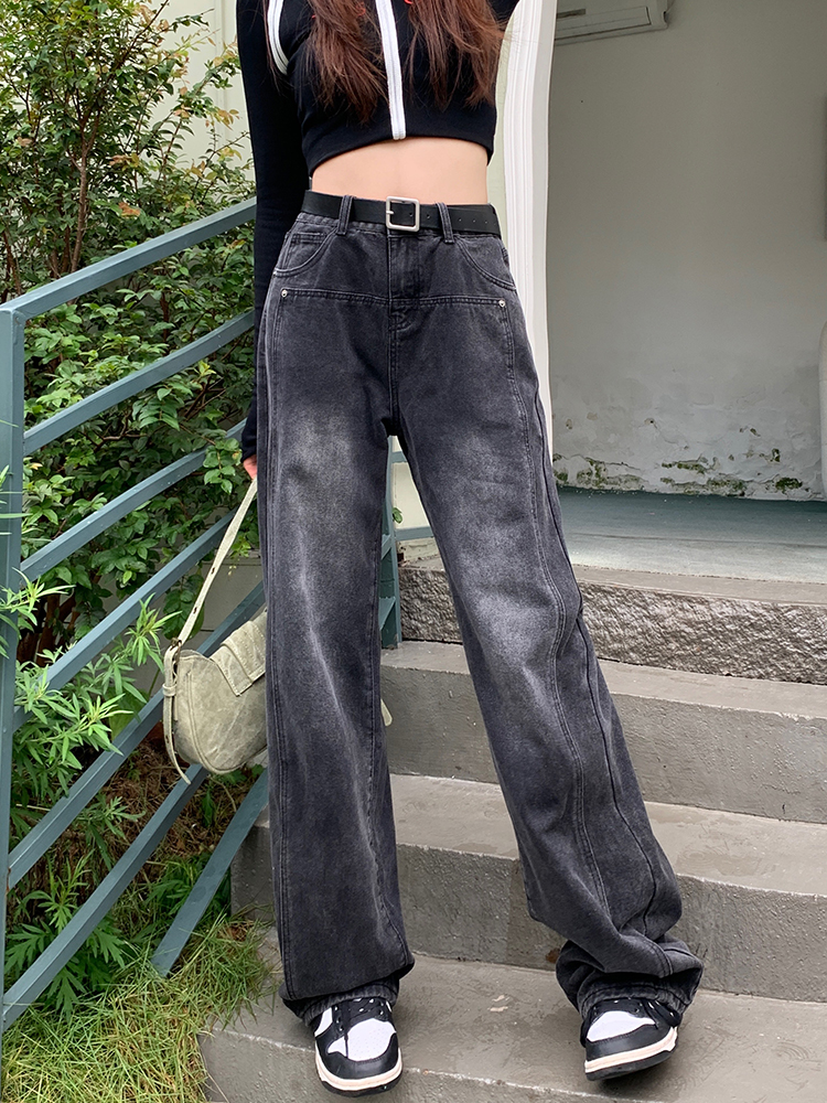 大碼女裝#秋冬加絨美式黑色牛仔褲高腰寬鬆顯瘦設計感直筒闊腿褲