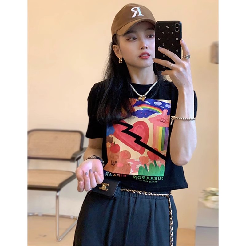 純棉短款美式復古印花短袖T恤女夏季新款少女修身顯瘦上衣