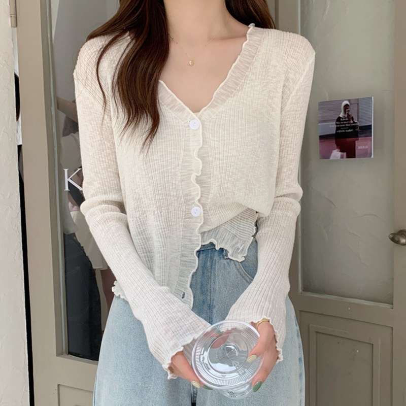 冰絲防曬衣女夏季薄款外搭針織開衫小披肩網紗罩衫短款外套百搭