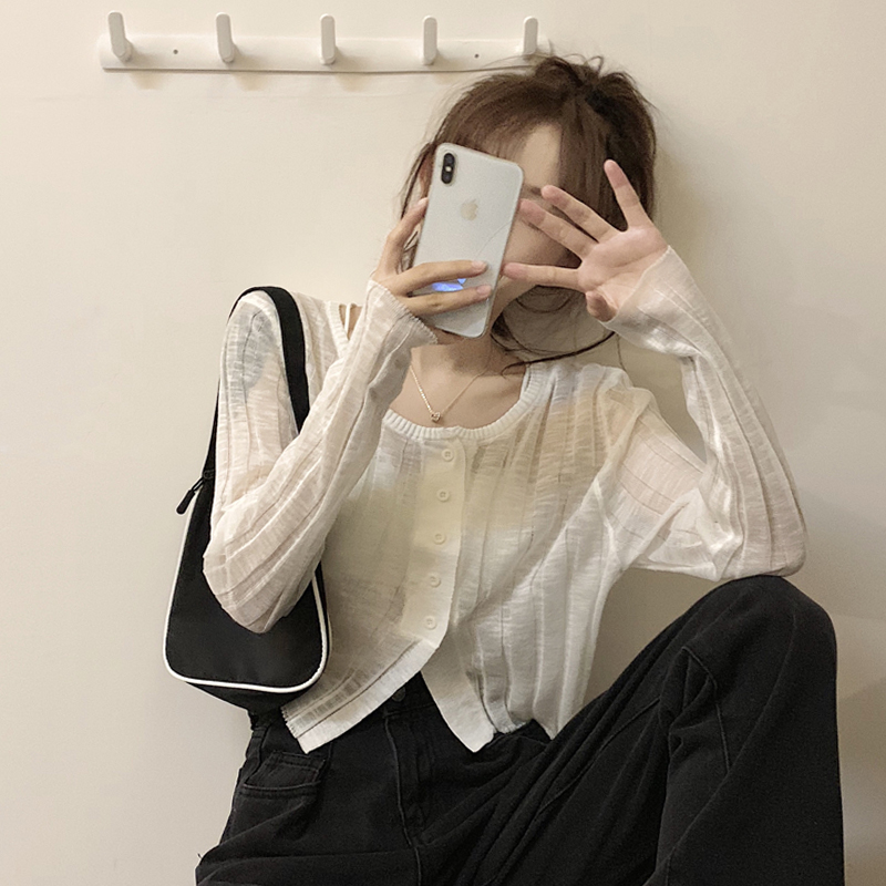 白色防曬衣女夏季薄款開衫外套新款設計感長袖短款針織衫外穿上衣