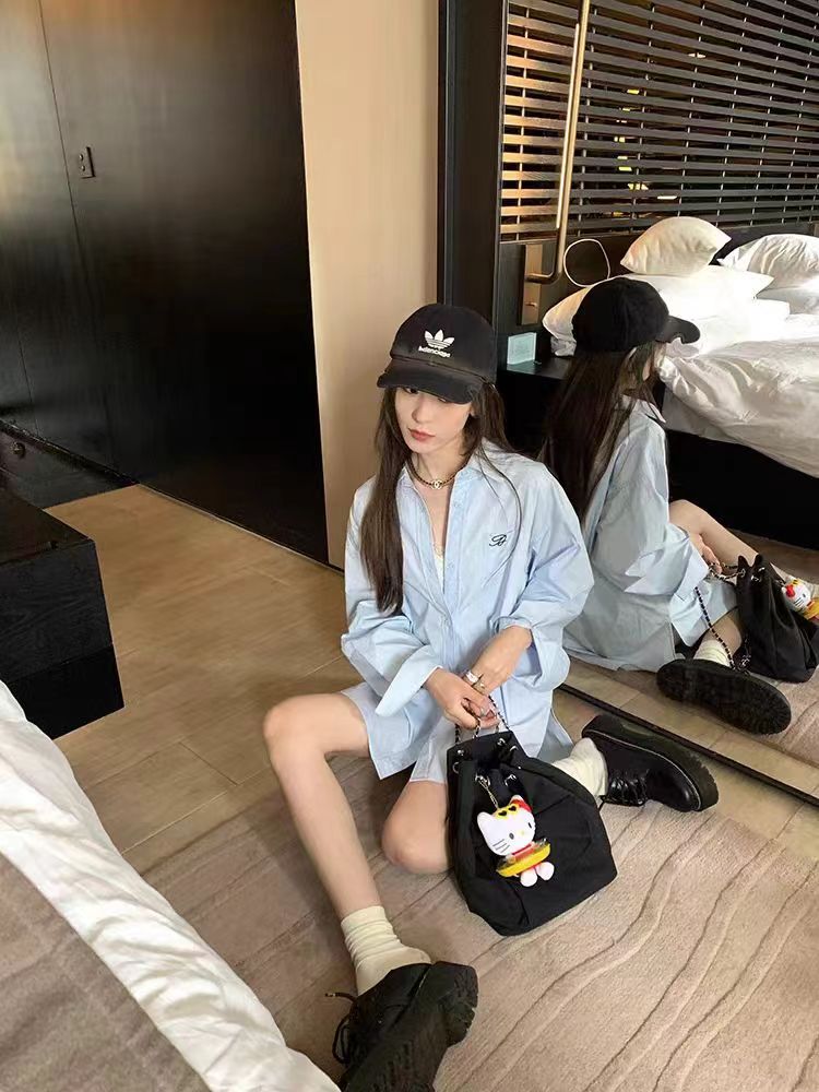 Hhyii 馬德里幻想 法式藍色襯衫女2024早春新款寬鬆百搭長袖上衣