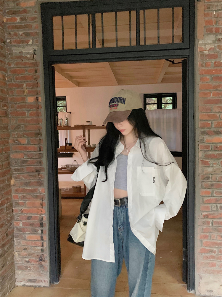 實拍 慵懶風洋氣寬鬆中長款翻領長袖襯衫