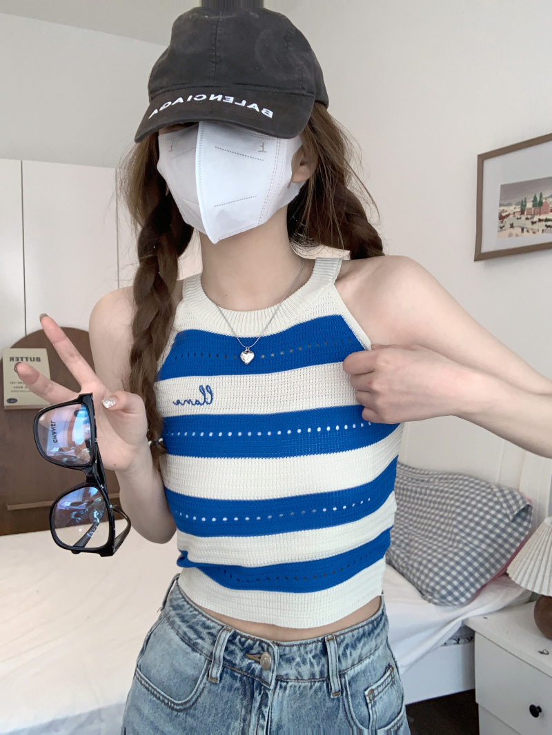 實拍 條紋吊帶小背心女設計感獨特别致外穿修身掛脖式上衣