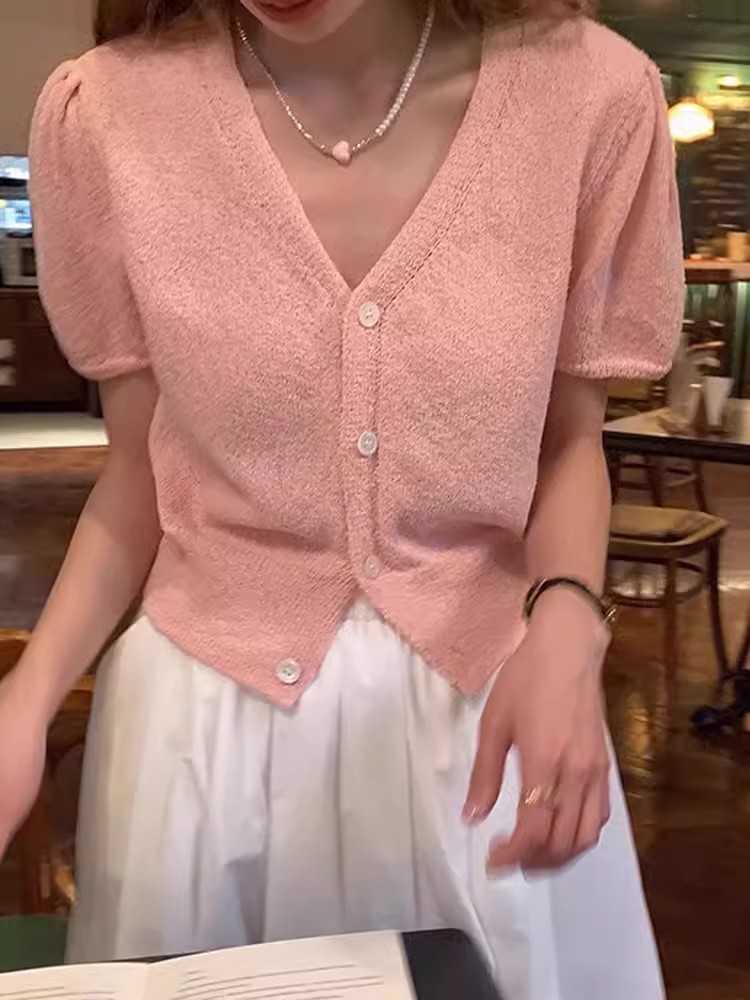 時尚泡泡袖V領收腰短款開衫女夏季法式初戀小香風短袖冰絲針織衫