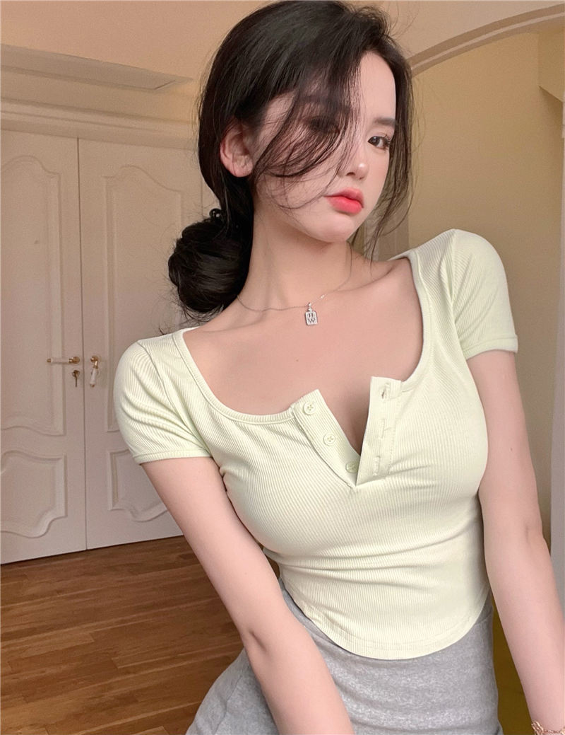 不規則T恤女裝ins潮夏季純欲黑色辣妹u領漏鎖骨緊身性感短袖上衣