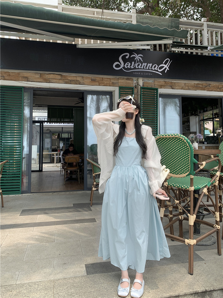 Real shot~Large size backless suspender dress for women, waist-cinching fairy seaside vacation long skirt + sun protection cardigan