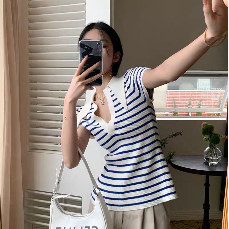 藍色條紋短袖T恤女夏季設計感綁帶露背修身顯瘦薄款針織衫上衣潮