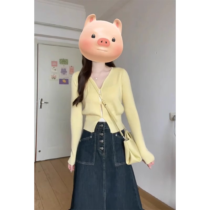 早春裝搭配茶系穿搭一整套時尚針織開衫牛仔半身裙兩件套春季女裝