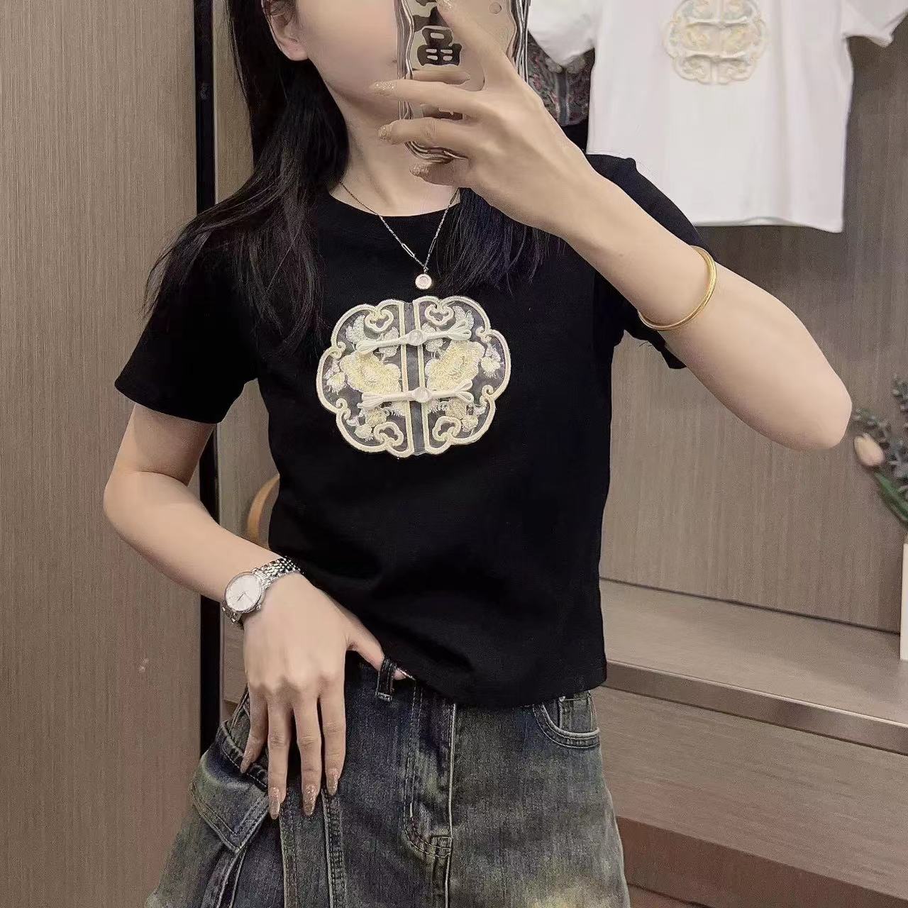 純棉新中式浮雕刺繡高級感短袖T恤女2024夏裝新款別致短款小上衣