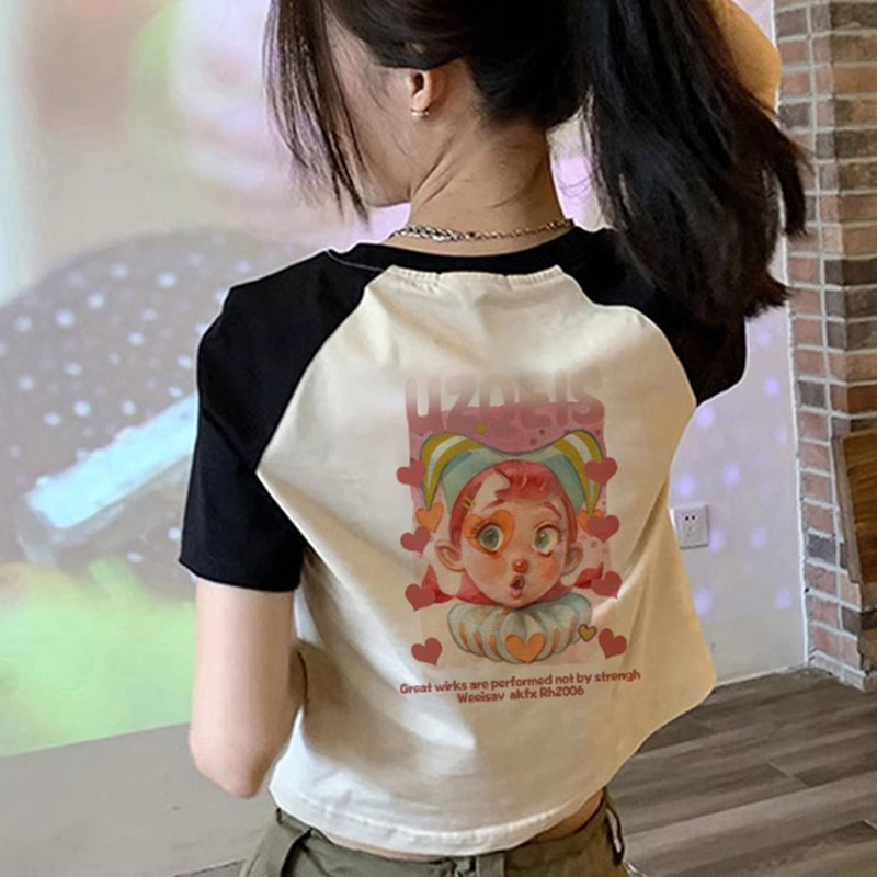 1*1純棉 高彈力撞色拼接純棉短款短袖女插肩袖辣妹露臍顯瘦體恤