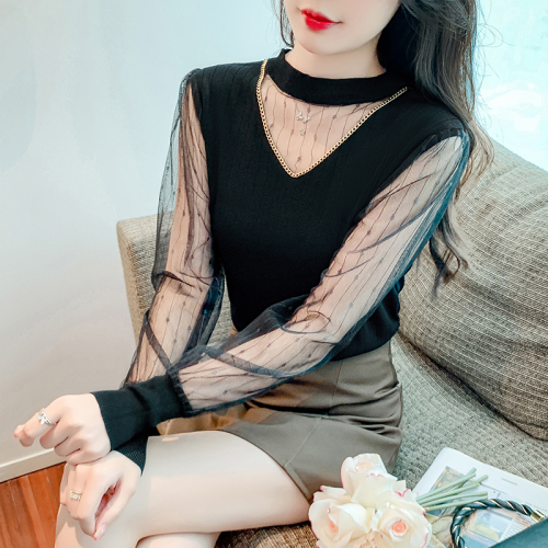 Real shots of spliced ​​sweaters, spring and autumn new styles, halterneck warm tops, long-sleeved bottoming shirts for women