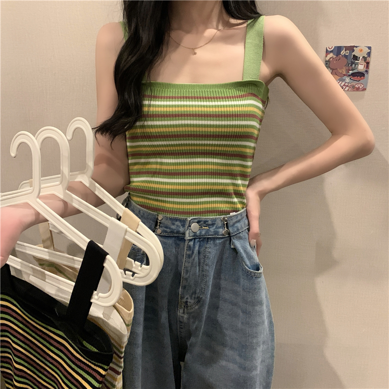 實拍~韓版新款夏季條紋針織吊帶背心百搭顯瘦打底衣女