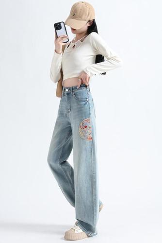 新中式国风刺绣牛仔裤女春装2024年新款显瘦高腰窄版阔腿直筒裤子