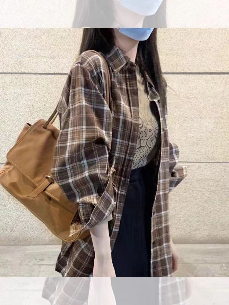 港風格子襯衫外套女春季韓系長袖防曬襯衣設計感小眾別致春秋上衣