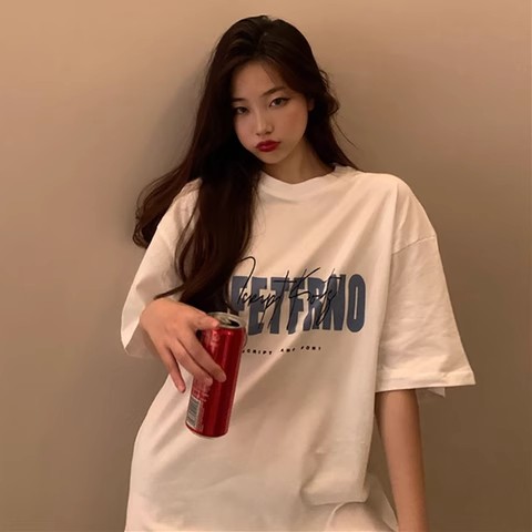 白色T恤女夏新款韓版港味復古印花學生中長款上衣打底衫