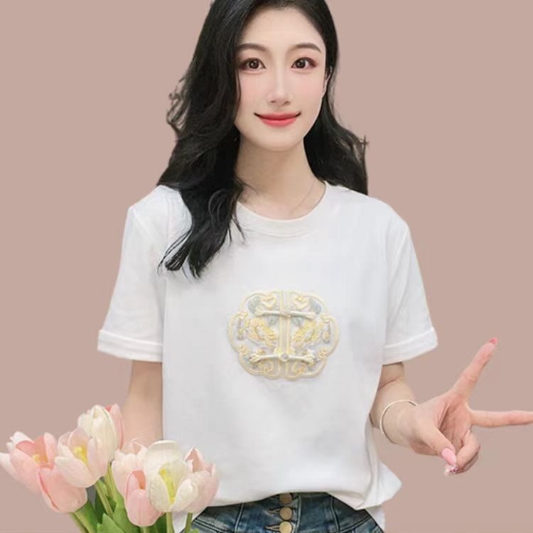 韓版新中式圓領貼布刺繡盤扣針織短袖T恤女2024早春新款名媛上衣