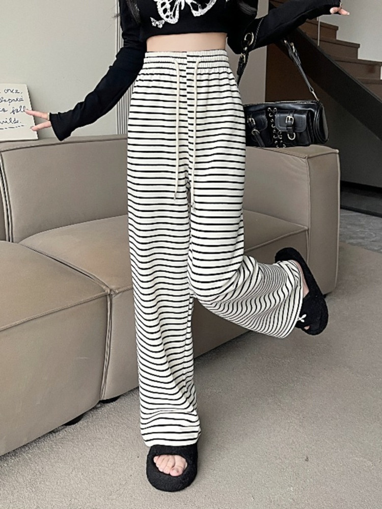新款春夏裝高個子加長褲子女條紋闊腿運動褲窄版休閒超長版拖地褲