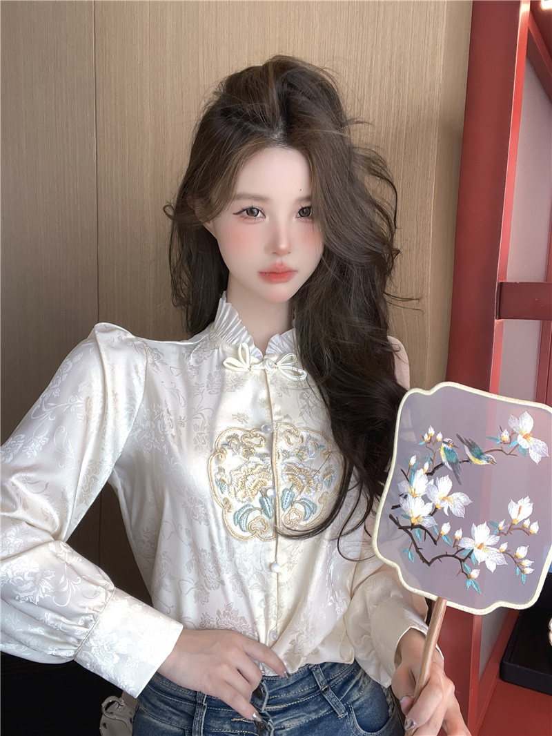 實拍~2024春季新款復古新中式國風木耳邊領設計修身顯瘦襯衫
