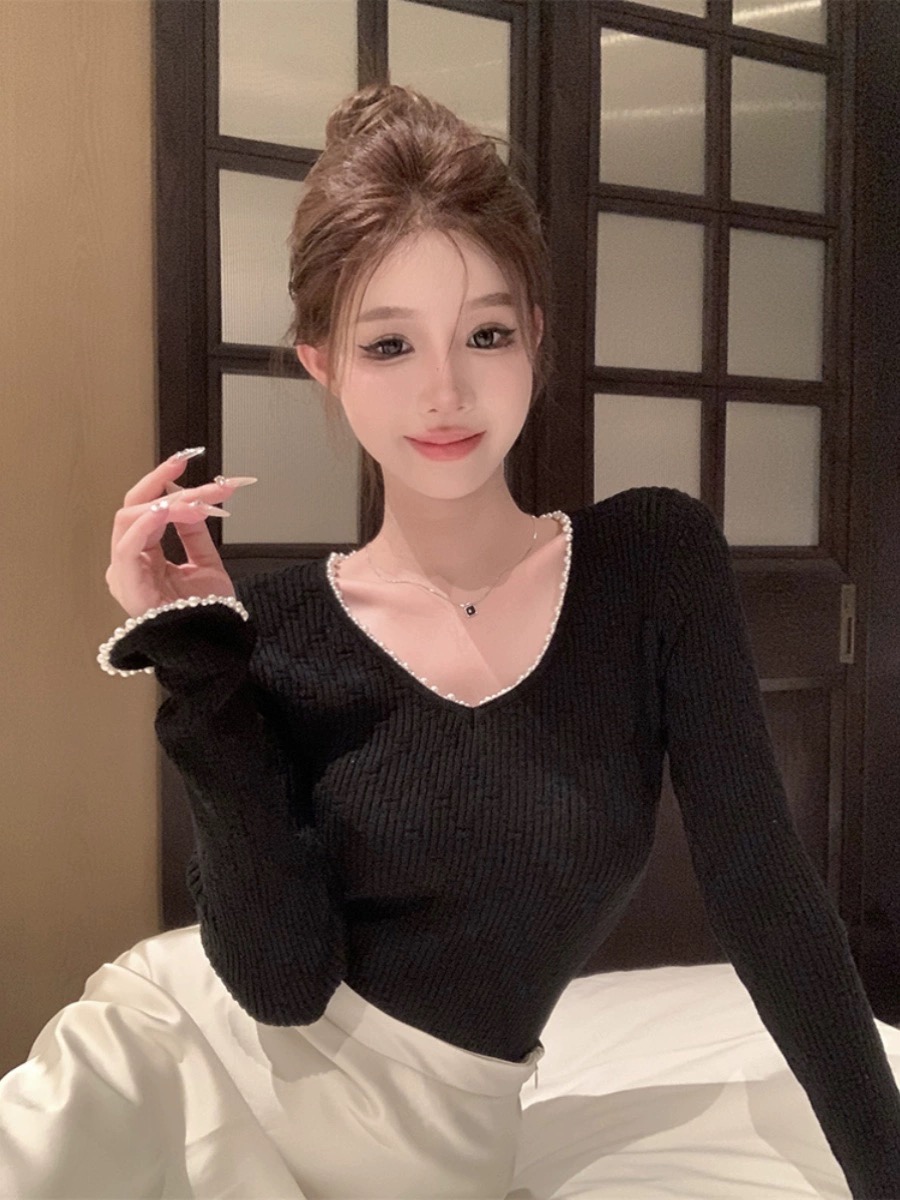 法式高級感長袖針織衫v領女裝早春季小眾修身顯瘦打底衫黑色上衣