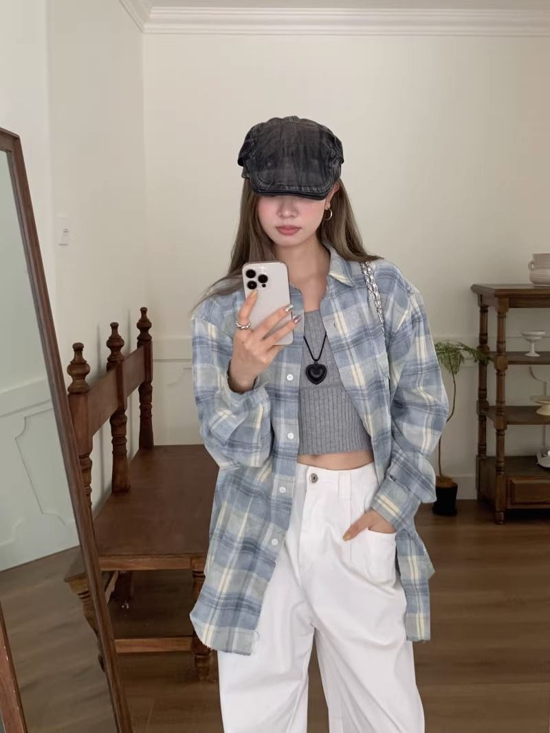 韓系慵懶風格子長袖襯衫女秋季設計感小眾寬鬆中長款休閒外套上衣