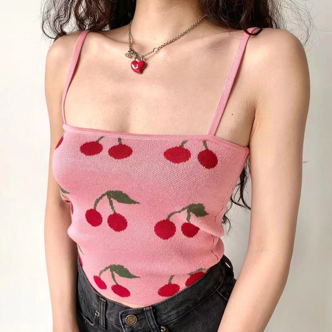 美式復古櫻桃平口針織吊帶背心女修身高腰短款上衣