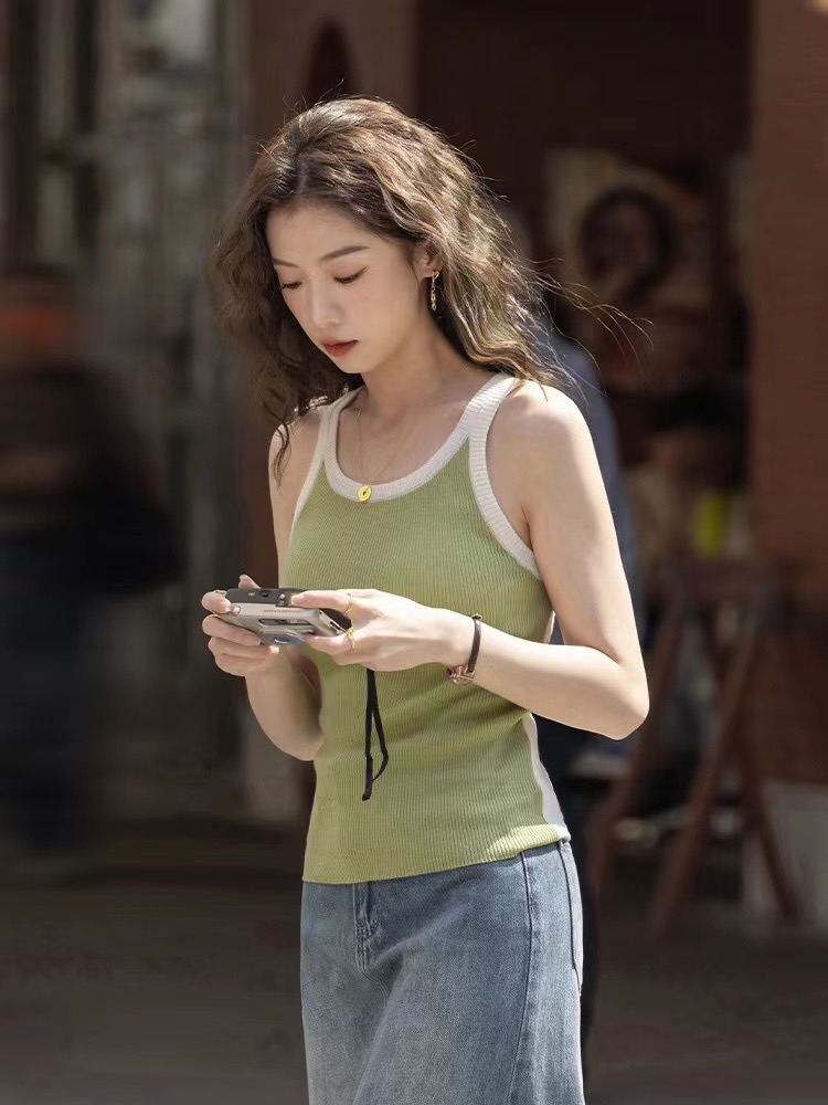 蘇眠短款吊帶背心女春夏新款圓領修身綠色外穿無袖針織上衣